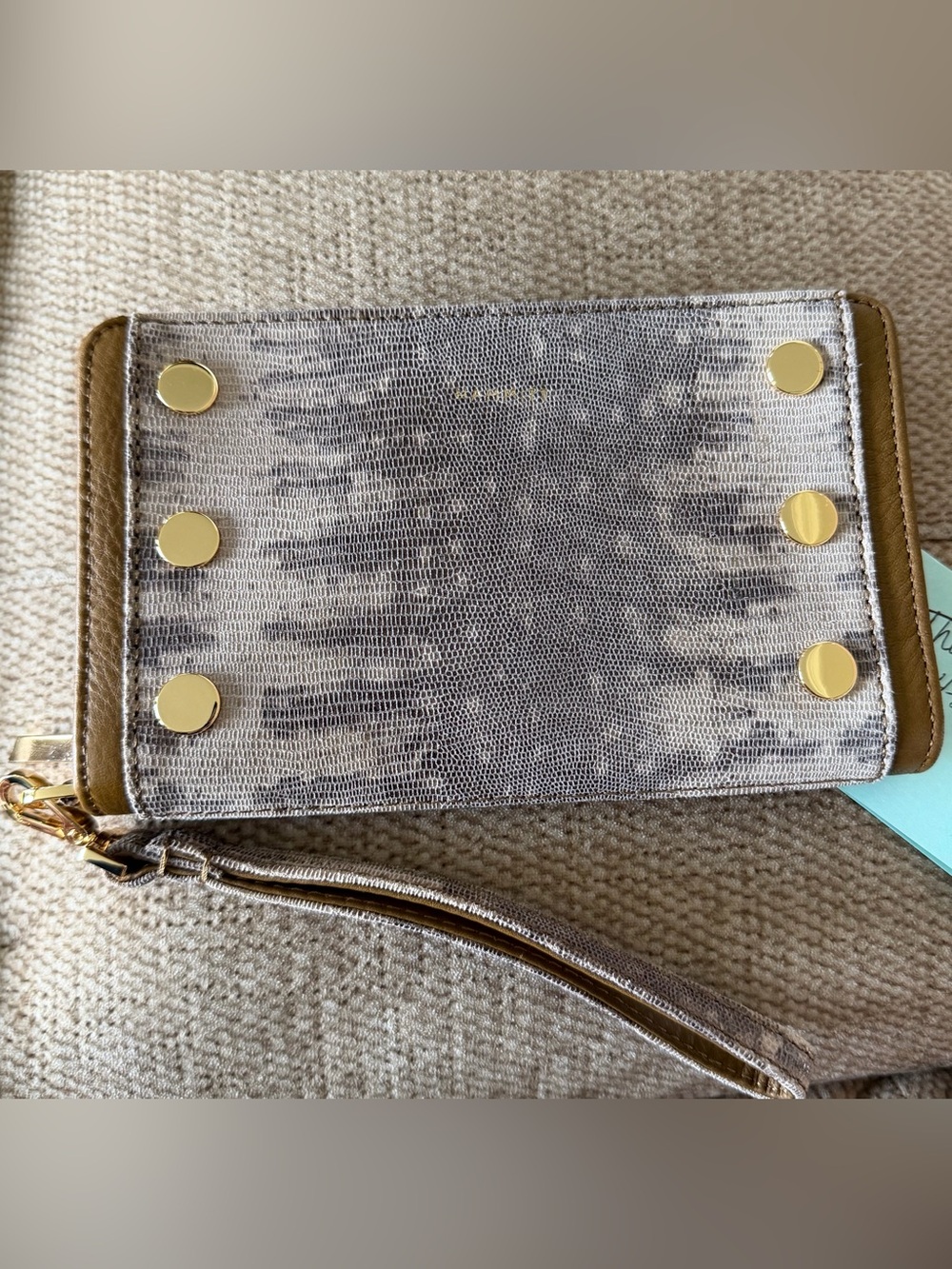 Hammitt Gray and Tan Leather Wristlet Wallet with Gold Studs
